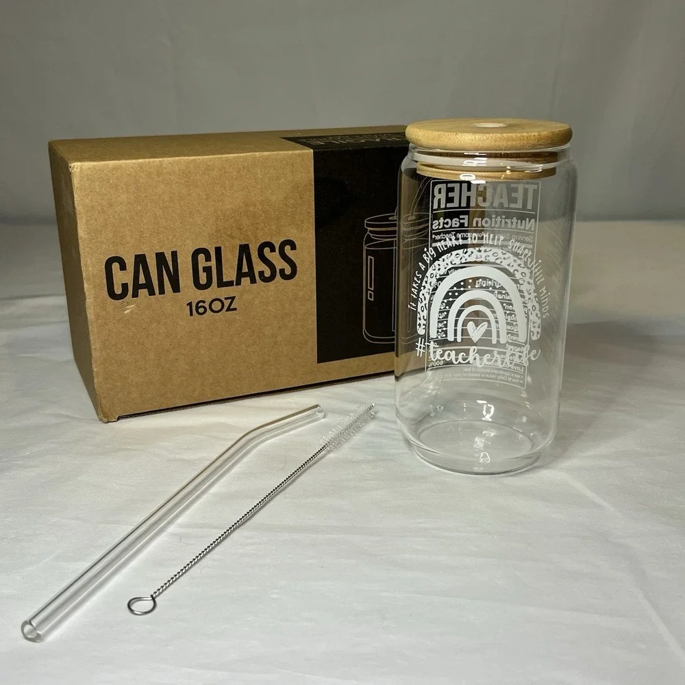 Teacher Appreciation Glass Cup with Lid 2 Straws & Brush 16 Oz New In Box‎ Gift